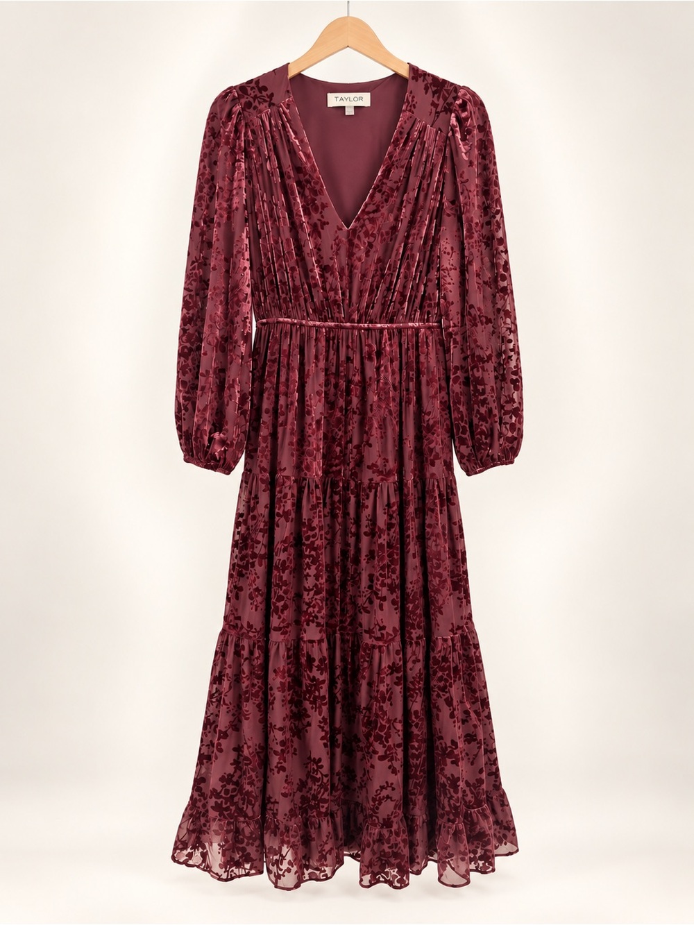 Taylor Burgundy Floral Burnout Velvet Tiered Long Dress Size S